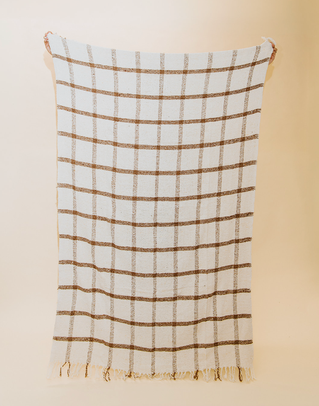 A woven throw blanket with a brown grid pattern on a cream background, hanging against a solid light beige wall with fringed edges.